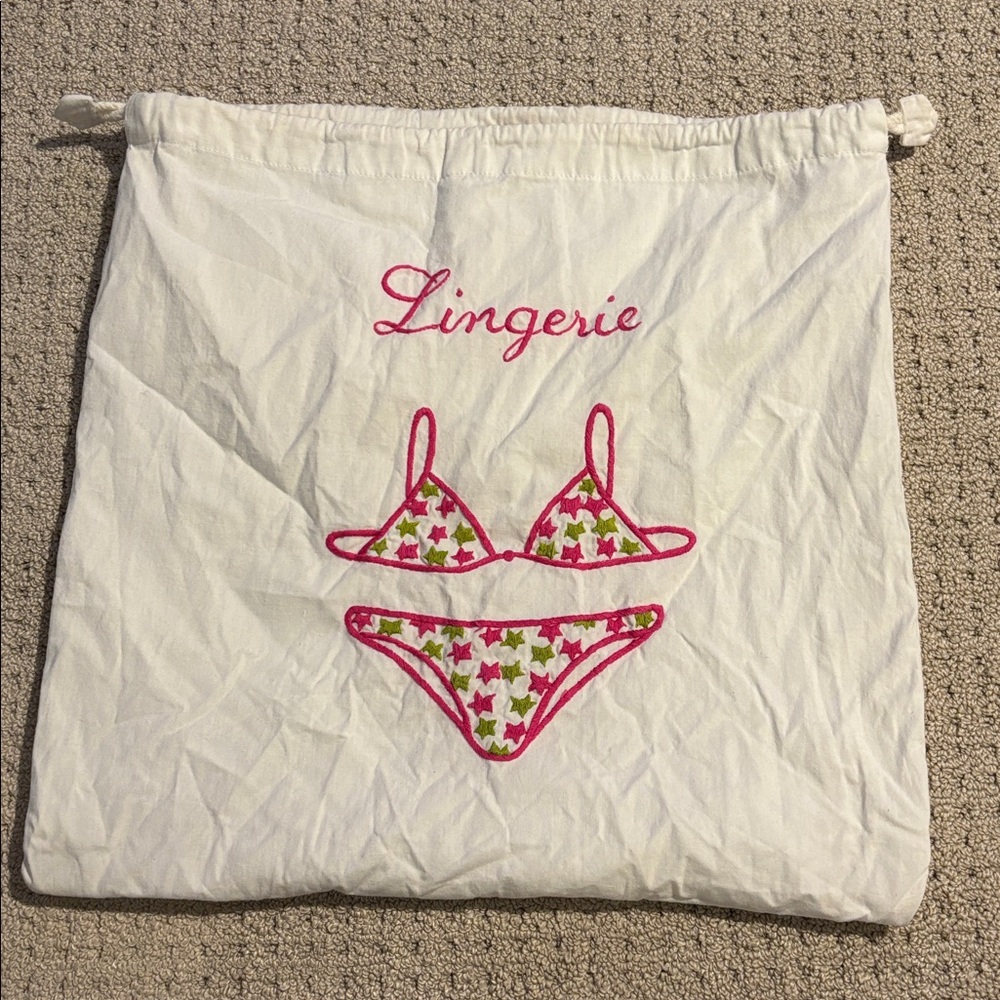 LILY JULIET - Pink & White Lingerie Drawstring Travel Bag - 15" x 15.5"